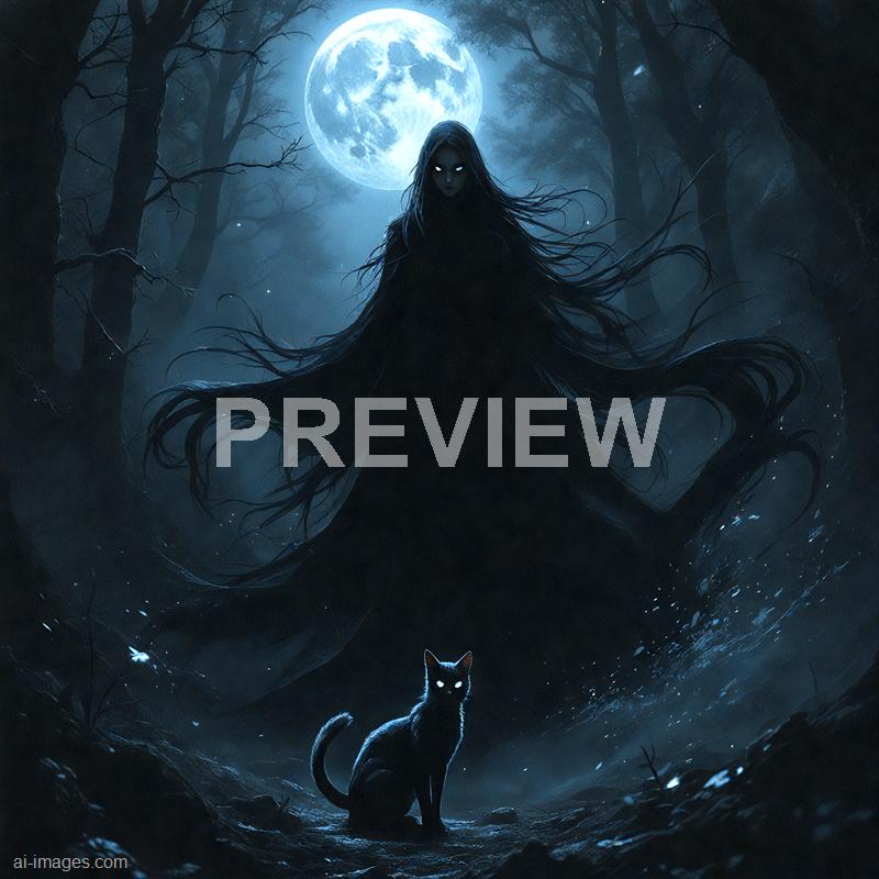 The image depicts a dark, eerie forest illuminated by the bright light of a full moon in the night sky. In the center, a mysterious, shadowy female figure with glowing eyes appears to be emerging from the darkness, with long, flowing hair and an ominous presence. A black cat with glowing eyes sits in the foreground, adding to the mystical and spooky atmosphere, while barren trees frame the scene, creating a haunting wilderness backdrop.